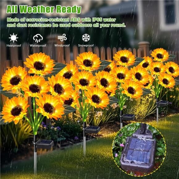 Sunflower Solar Lights Outdoor Decor, 4 Pack Solar Garden Decor 24 Waterproof - Picture 3 of 7